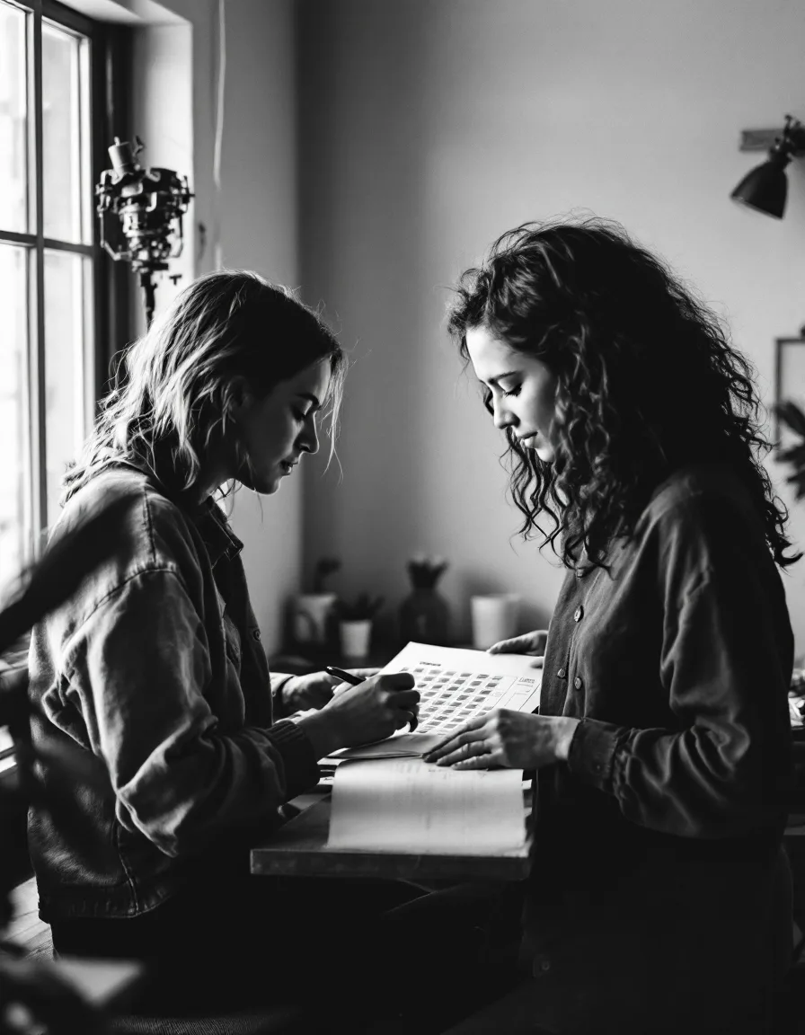 Two studio members reviewing a printed feed layout together in the Tolleson studio